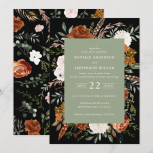Black chic terracotta floral rustic elegant modern invitation