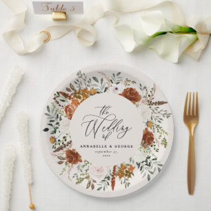 Black chic terracotta floral rustic elegant modern paper plate