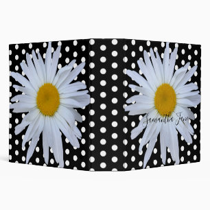 Black Chic White Polka Dots Daisy Custom Binder