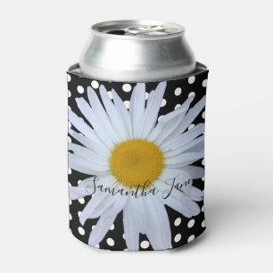 Black Chic White Polka Dots Daisy Custom Can Cooler
