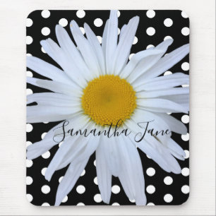 Black Chic White Polka Dots Daisy Custom Mouse Pad