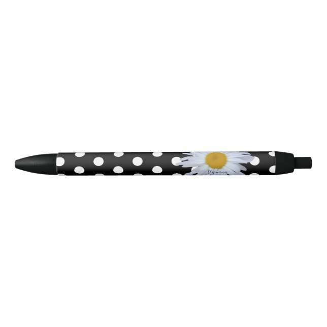 Black Chic White Polka Dots Fun Daisy Custom Black Ink Pen (Front)