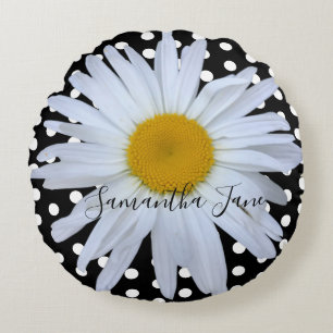 Black Chic White Polka Dots Fun Daisy Custom Round Pillow
