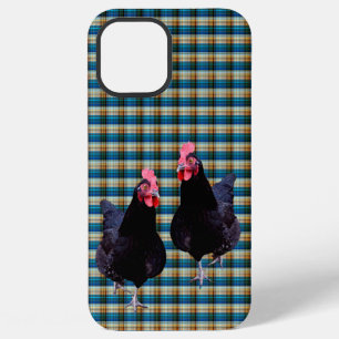 Black Chickens On Blue Tartan Checks, iPhone 12 Pro Max Case