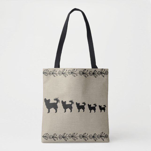 Black Chihuahua Silhouette Vintage Floral Tote (Front)