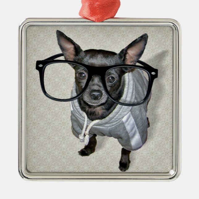Black Chihuahua with Glasses Photo Metal Ornament (Front)