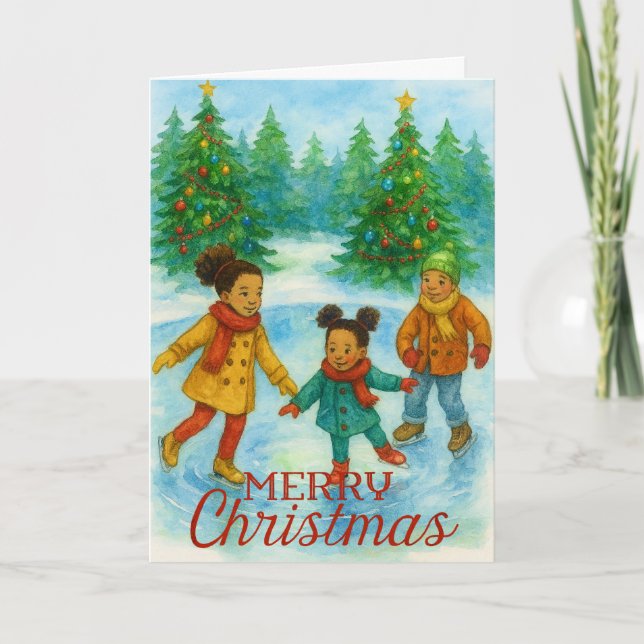 Black Children Ice Skating Christmas Card (Front)