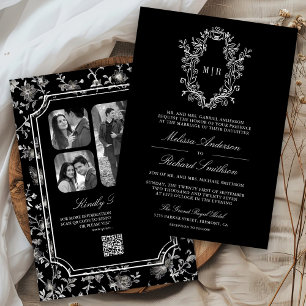Black Chinoiserie Crest QR Code Wedding Invitation