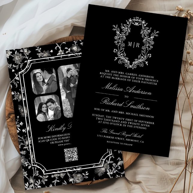 Black Chinoiserie Crest QR Code Wedding Invitation (Creator Uploaded)