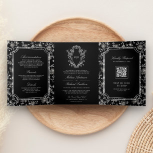 Black Chinoiserie Crest QR Code Wedding Tri-Fold Invitation