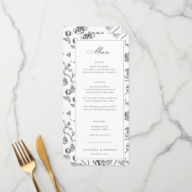 Black Chinoiserie Floral Wedding Menu (Front/Back In Situ)
