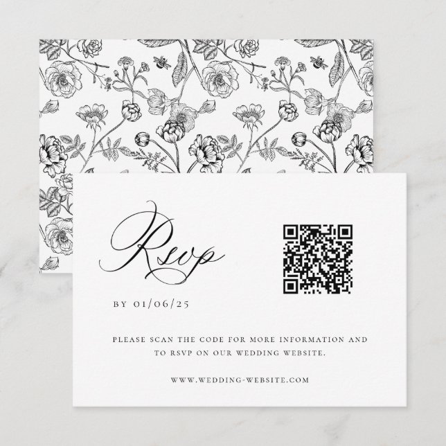 Black Chinoiserie Wedding QR Code RSVP Card (Front/Back)