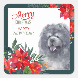 Black Chow Chow Dog Poinsettia Border Christmas Square Sticker