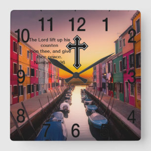 Black Christian Faith cross with Numbers 6:26 Square Wall Clock