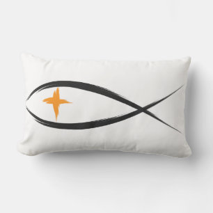 Black Christian Fish with Yellow Cross Pillow