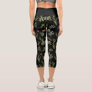 Black Christmas botanical elegant modern  Capri Leggings