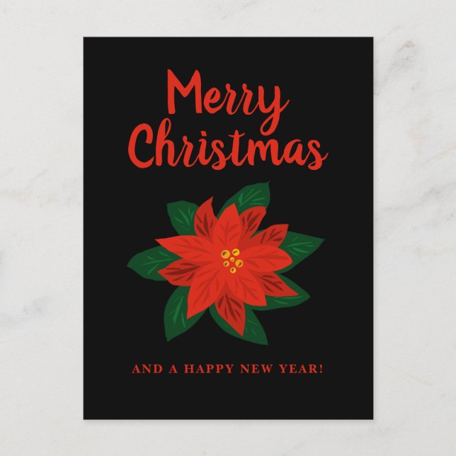 Black Christmas card with red poinsettia flower (Front)