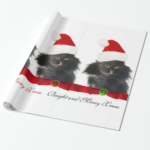 BLACK CHRISTMAS CAT,SANTA CLAUS HAT AND RED RIBBON WRAPPING PAPER