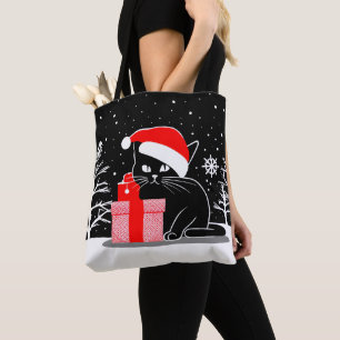 Black Christmas Cat Tote Bag