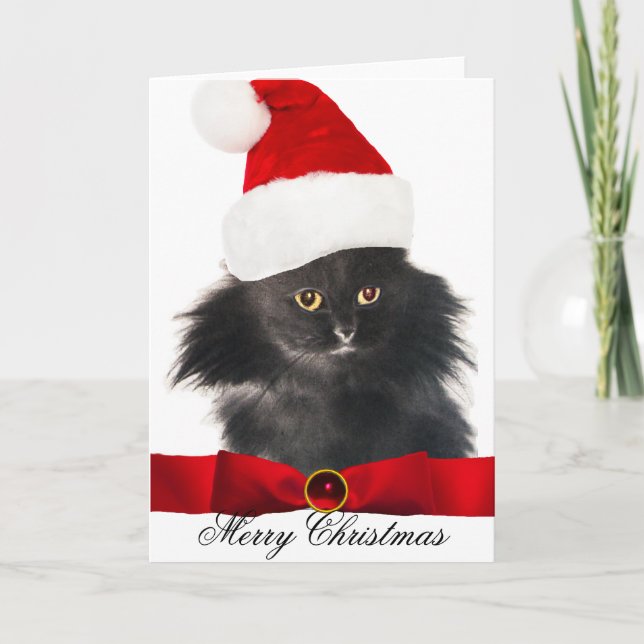 BLACK CHRISTMAS CAT WITH SANTA CLAUS HAT HOLIDAY CARD (Front)