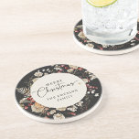 Black Christmas Coaster<br><div class="desc">Black Christmas Coaster. Protect your surfaces in style with our Merry Christmas coaster from the Black Boho Botanical Christmas Holiday Card Collection. Featuring stunning watercolor artwork of winter botanicals on a sophisticated black background, these coasters add a festive and elegant touch to your holiday entertaining. They capture the essence of...</div>