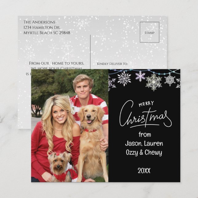 Black Christmas Family Photo Pets Message Holiday Postcard (Front/Back)