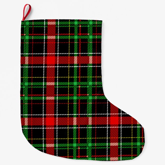 Black Christmas Flannel Plaid Tartan Design Large Christmas Stocking (Front)