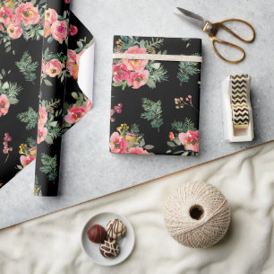 Black Christmas floral pine branch pattern Holiday Wrapping Paper