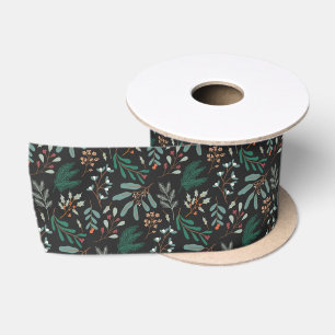 Black Christmas Foliage pattern Satin Ribbon