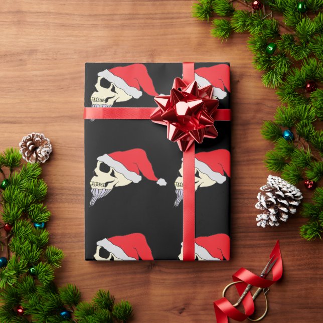 Black Christmas Gift Wrap With Santa Claus Skulls (Holiday Gift)