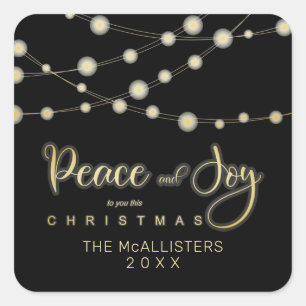 Black Christmas Light Peace & Joy Whimsical Script Square Sticker