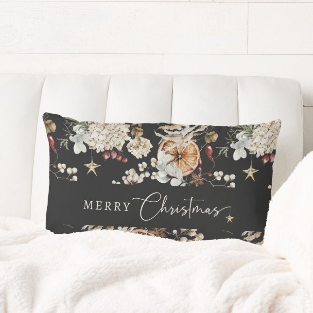 Black Christmas Lumbar Pillow (Black Rustic Boho Merry Christmas Lumbar Pillow
)