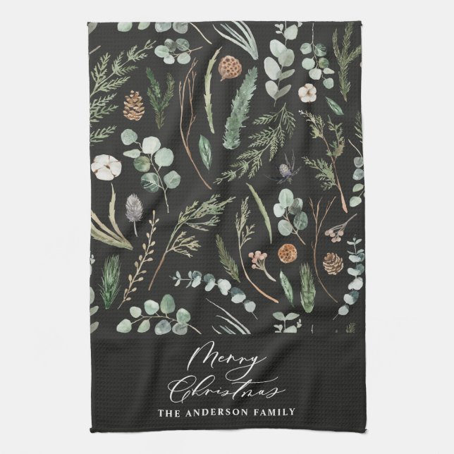black Christmas minimal botanical Kitchen Towel (Vertical)