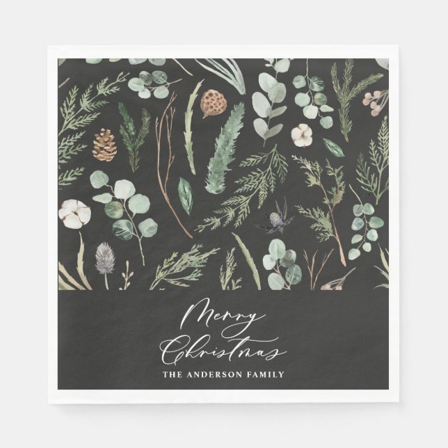  black Christmas minimal botanical Napkin (Front)