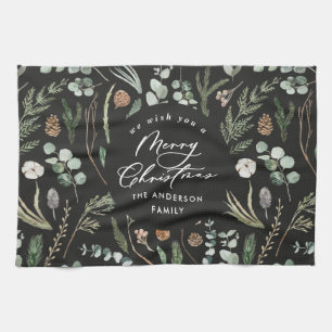 black Christmas minimal elegant botanical Kitchen Towel