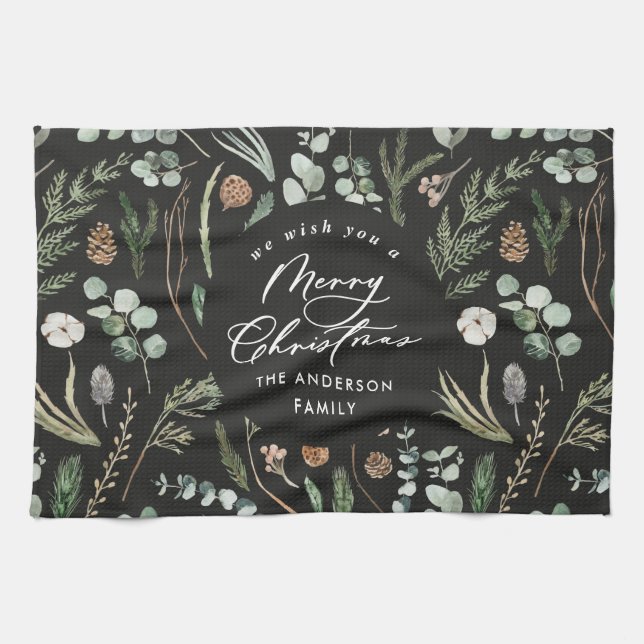 black Christmas minimal elegant botanical Kitchen Towel (Horizontal)