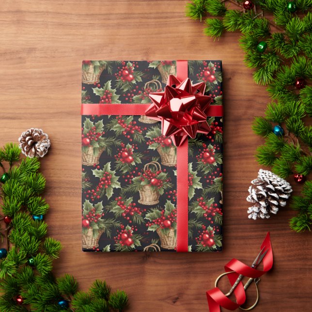 Black Christmas Modern Botanical Pattern Wrapping Paper (Holiday Gift)