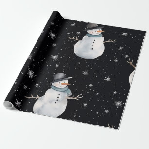Black Christmas night Snowman Wrapping Paper
