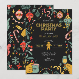 Black Christmas party ornaments Invitation