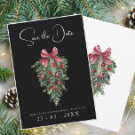 Black Christmas Red Green Winter Festive Wedding Save The Date<br><div class="desc">Black Christmas Red Green Winter Festive Wedding Save the Date Card - Elegant Foliage in Rustic Evergreen Hues. Embrace the enchantment of the season with our modern Christmas wedding save-the-date card, adorned in the rich and festive colours of red and green. This elegant save-the-date card features delicate foliage accents, and...</div>