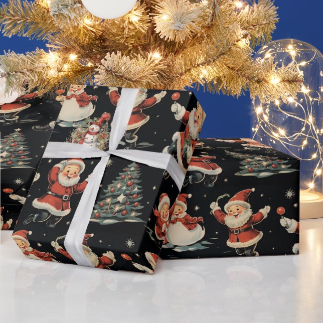 Black Christmas Santa Tree Snowman Wrapping Paper (Holidays)