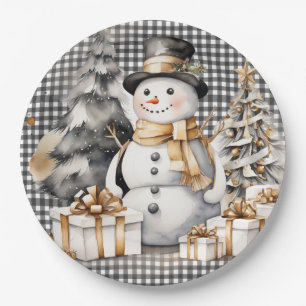 Black christmas snowman winter design paper plate
