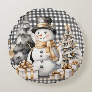 Black christmas snowman winter design round pillow