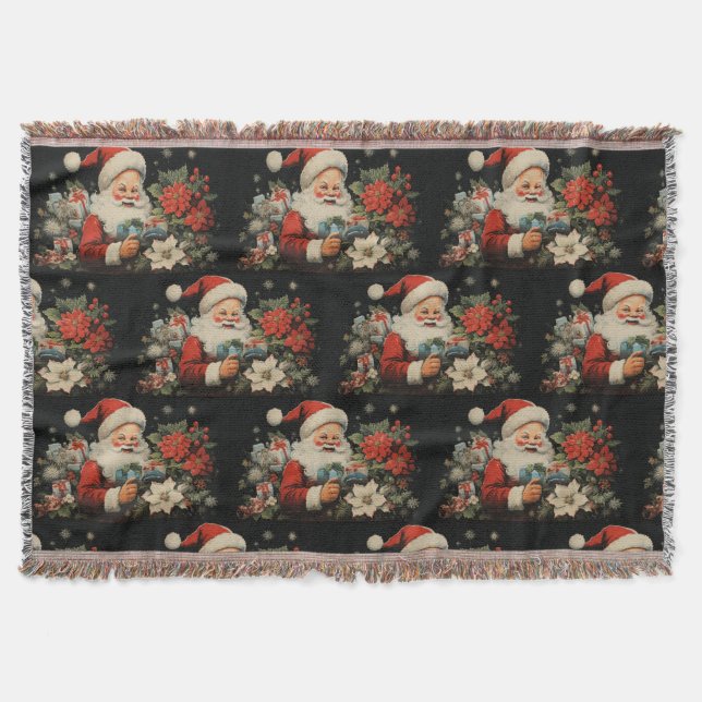 Black Christmas St. Nicholas Santa Poinsettia Throw Blanket (Front)