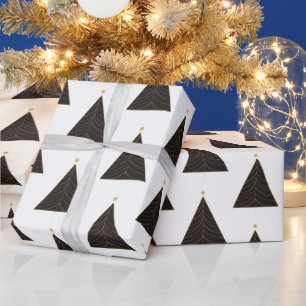 Black Christmas Tree, Gold "String of Lights" Wrapping Paper