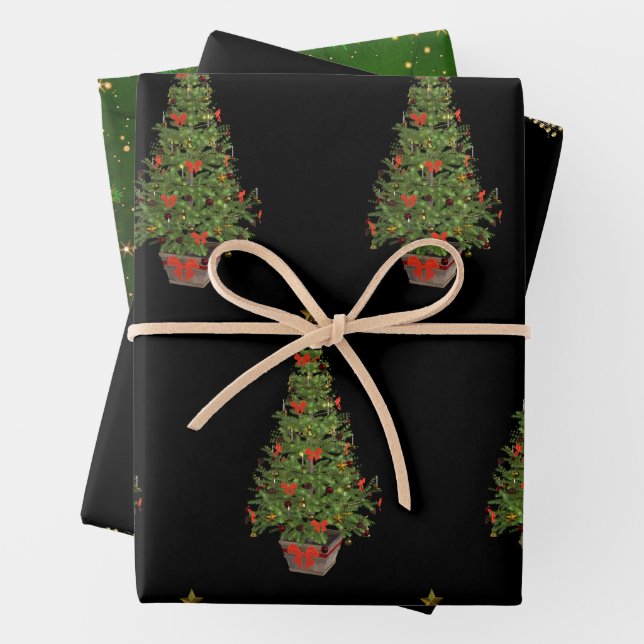 Black Christmas Tree Modern Trio  Wrapping Paper Sheet (In situ)