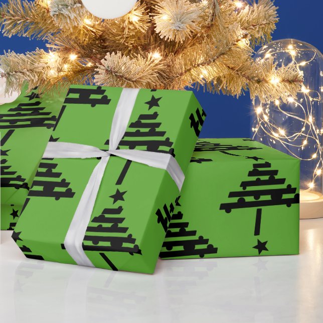 Black Christmas Tree Pattern Green Wrapping Paper (Holidays)