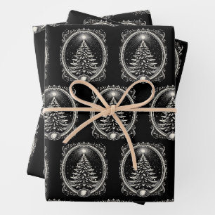 Black Christmas Tree Vintage Wrapping Paper Sheet