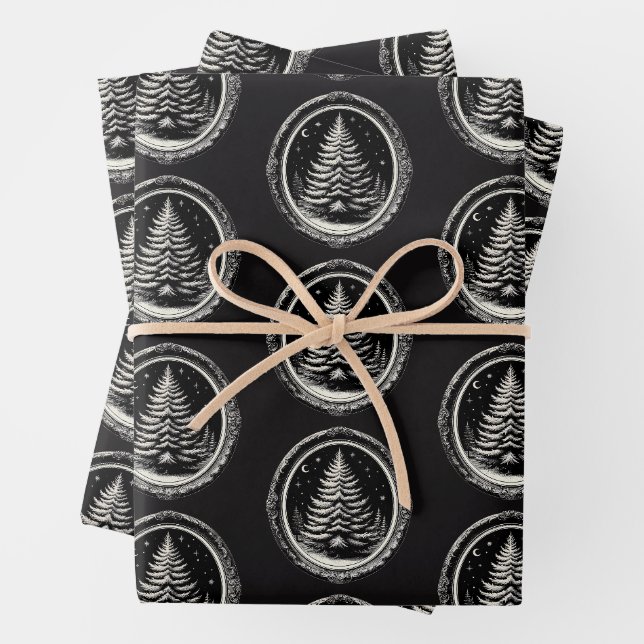 Black Christmas Tree Vintage Wrapping Paper Sheet (In situ)