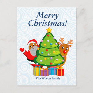 Black Christmas tree with Santa Claus & Rudolph, Holiday Postcard